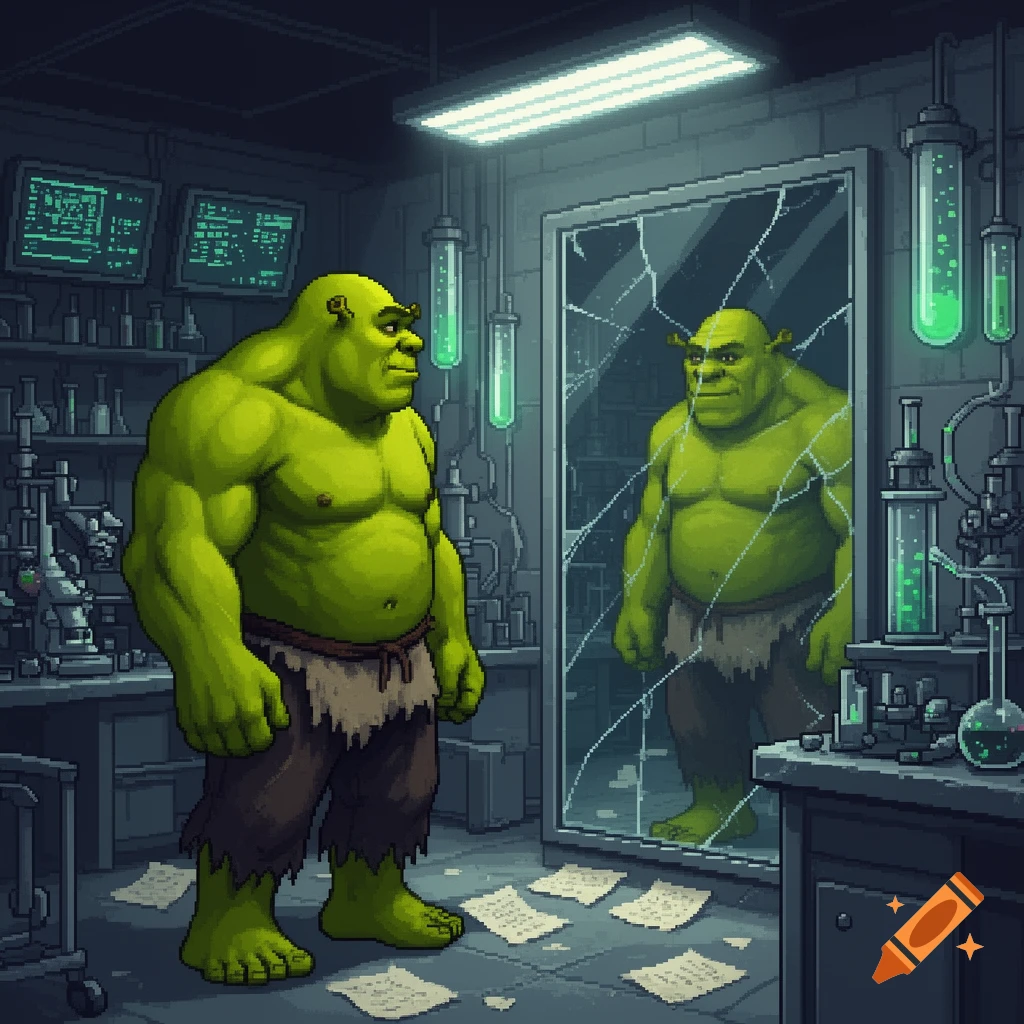 A muscular, shirtless, green Shrek-Hulk in tattered pants stands in a pixelated lab, looking at his reflection in a shattered mirror.