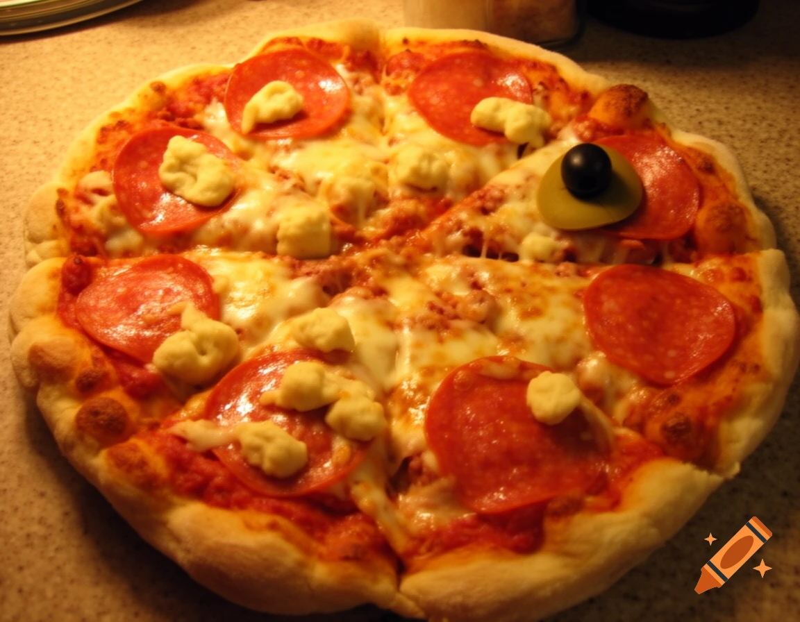 A close-up of a messy pepperoni pizza topped with irregular white clumps and a single olive on a green pepper slice.