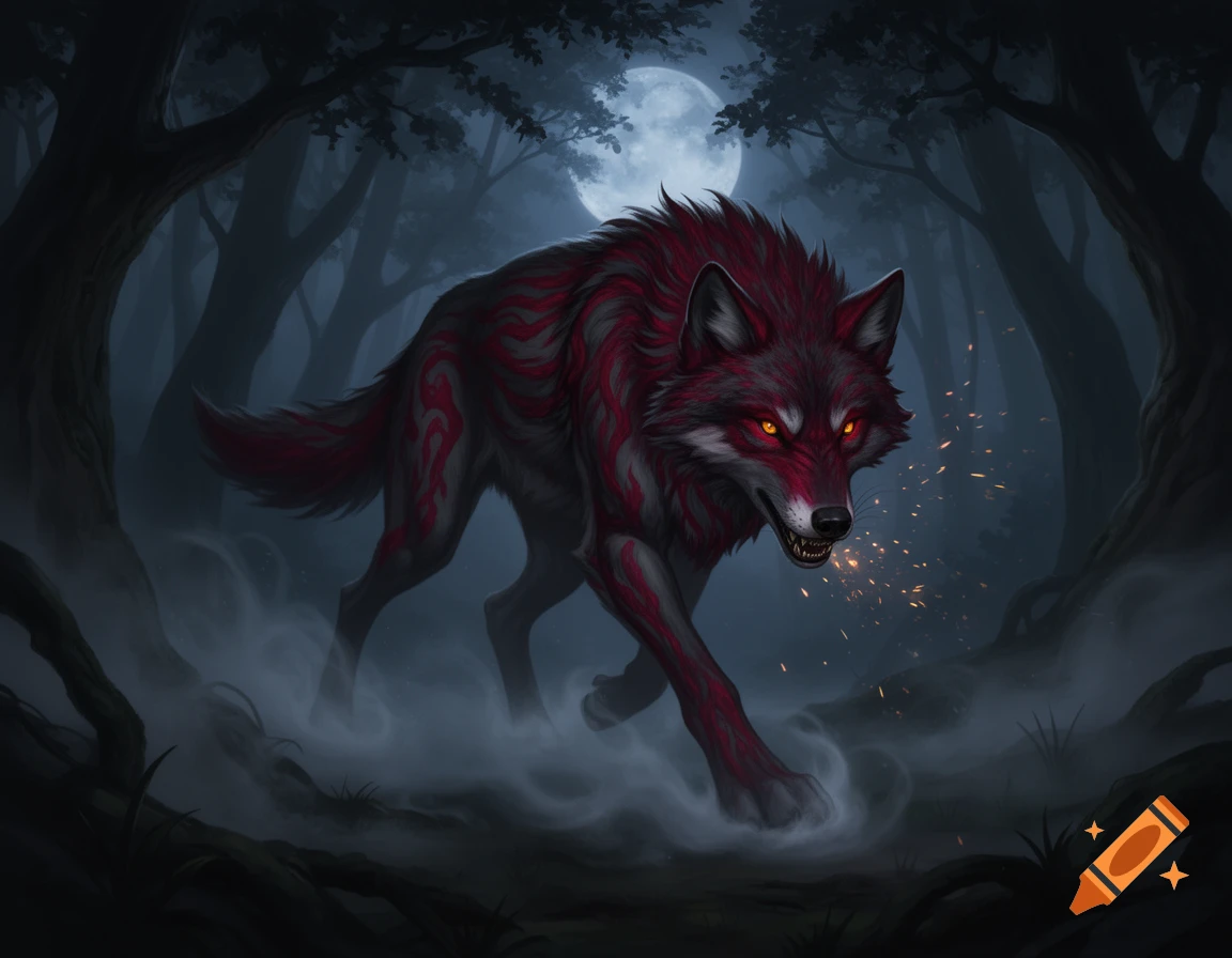 A menacing dark gray wolf with red markings and glowing eyes walks through a misty, dark forest under a full moon, digital illustration.