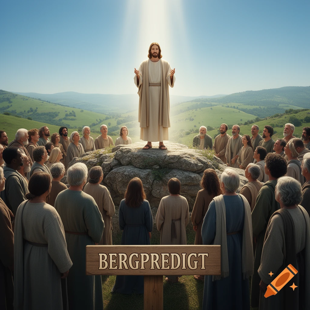 Jesus, bathed in light on a rock, delivers the Sermon on the Mount to a large crowd on a grassy hill. A sign reads "BERGPREDIGT".