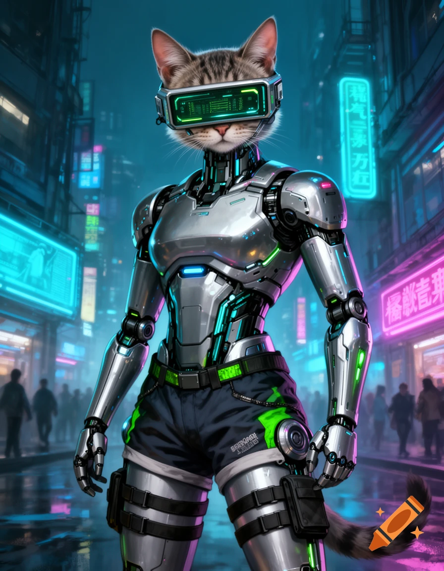 A humanoid robot with a cat's head wearing VR goggles stands in a neon-lit cyberpunk city.