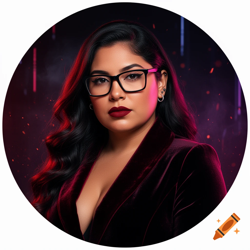 A confident Latina woman with dark wavy hair and glasses wears a deep red velvet jacket against a cyber-noir background.