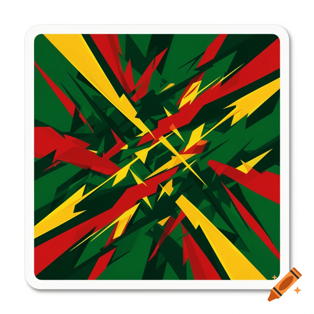 Abstract, erratic pattern of sharp red, yellow, and green jagged shapes radiating outwards, enclosed by a white border.
