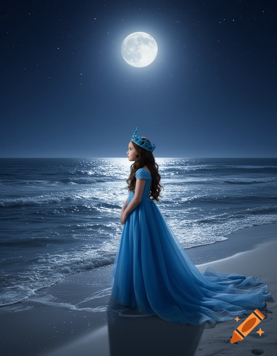 A young girl in a flowing blue princess dress and crown stands on a moonlit beach, looking out at the ocean at night.