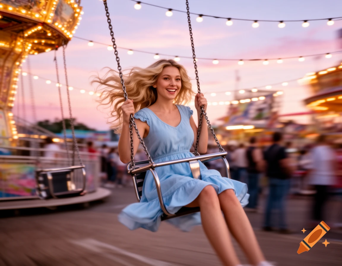 Smiling woman with blonde hair on a swing ride at a lively carnival during sunset.