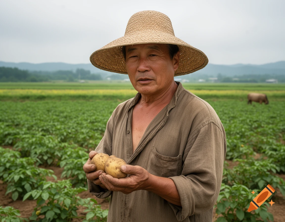 A farmer in a straw hat holds two potatoes in a green field under an overcast sky, with a blurred animal in the background.