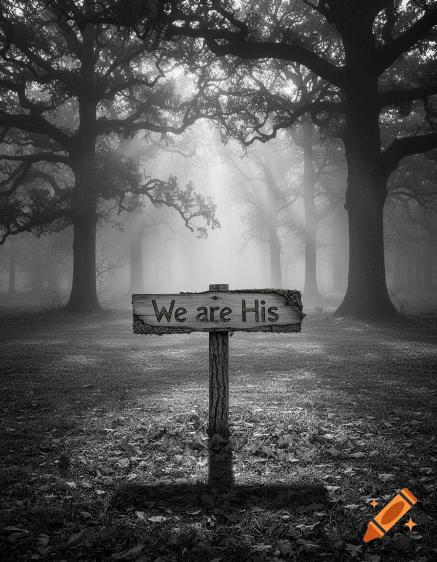 A black and white image of a wooden sign in a foggy forest, reading 'We are His'.