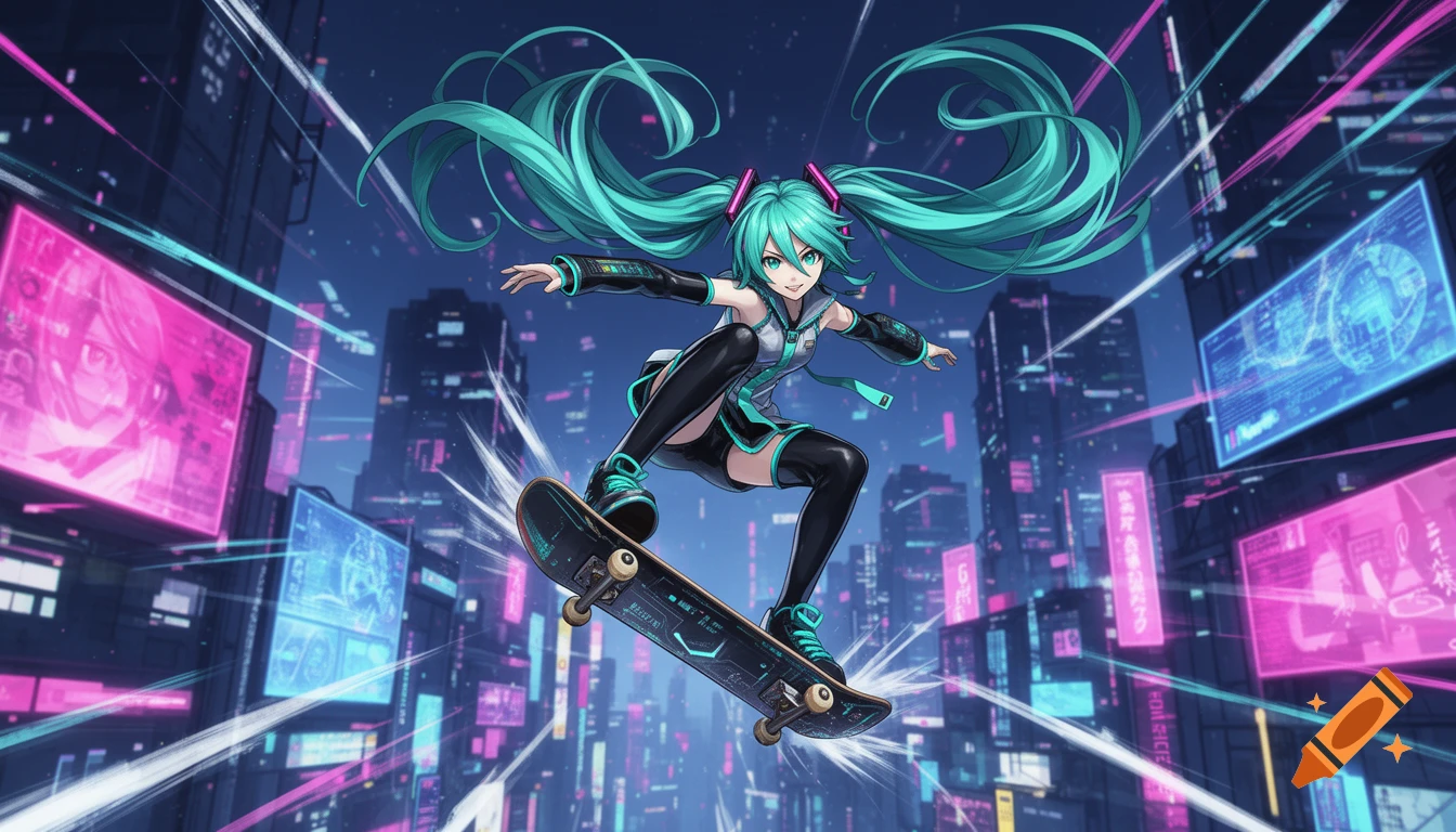Hatsune Miku skateboards in a vibrant, neon-lit cyberpunk city at night, her teal pigtails flowing.