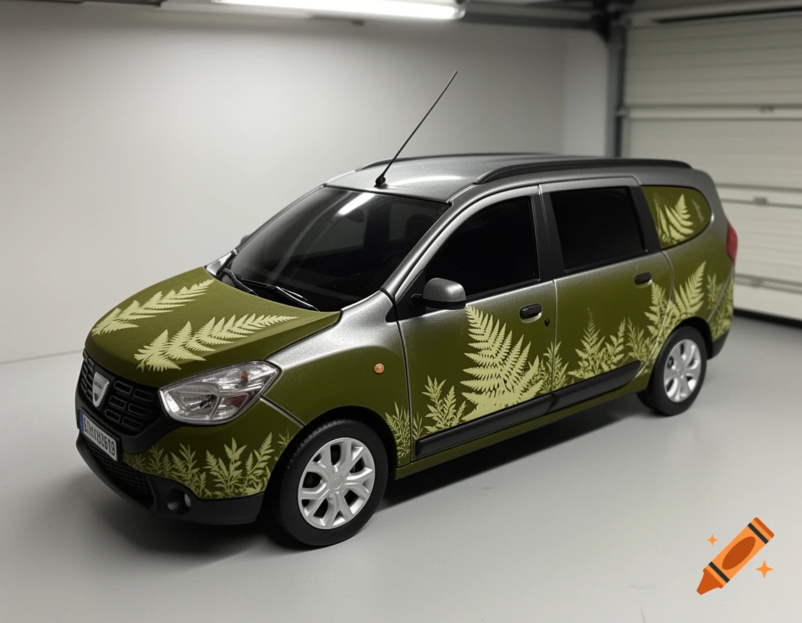 A realistic Dacia Lodgy model car, olive green with fern patterns, silver-gray roof, and tinted windows, parked in a garage.