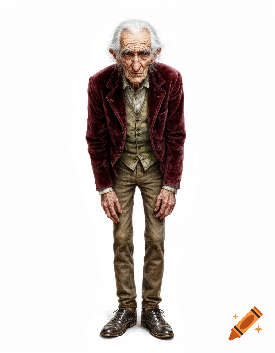 A full body portrait of an ancient, hunched elderly man with a long wrinkled face, white hair, wearing a velvet jacket and trousers, standing against a white background in a painterly realistic style.