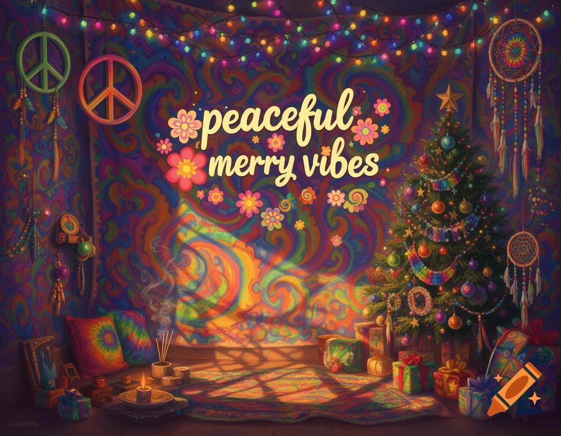 A psychedelic hippie Christmas scene with colorful fairy lights, peace signs, dreamcatchers, and the text 'peaceful merry vibes' over a vibrant tapestry.