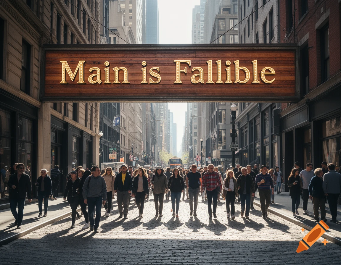 A busy city street with a large overhead sign reading 'Main is Fallible' and a crowd of people walking below, photorealistic style.