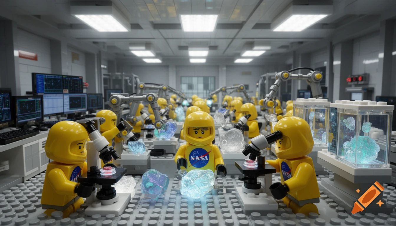Photorealistic LEGO lab featuring scientists in NASA hazmat suits analyzing glowing crystals with microscopes and robotic arms.