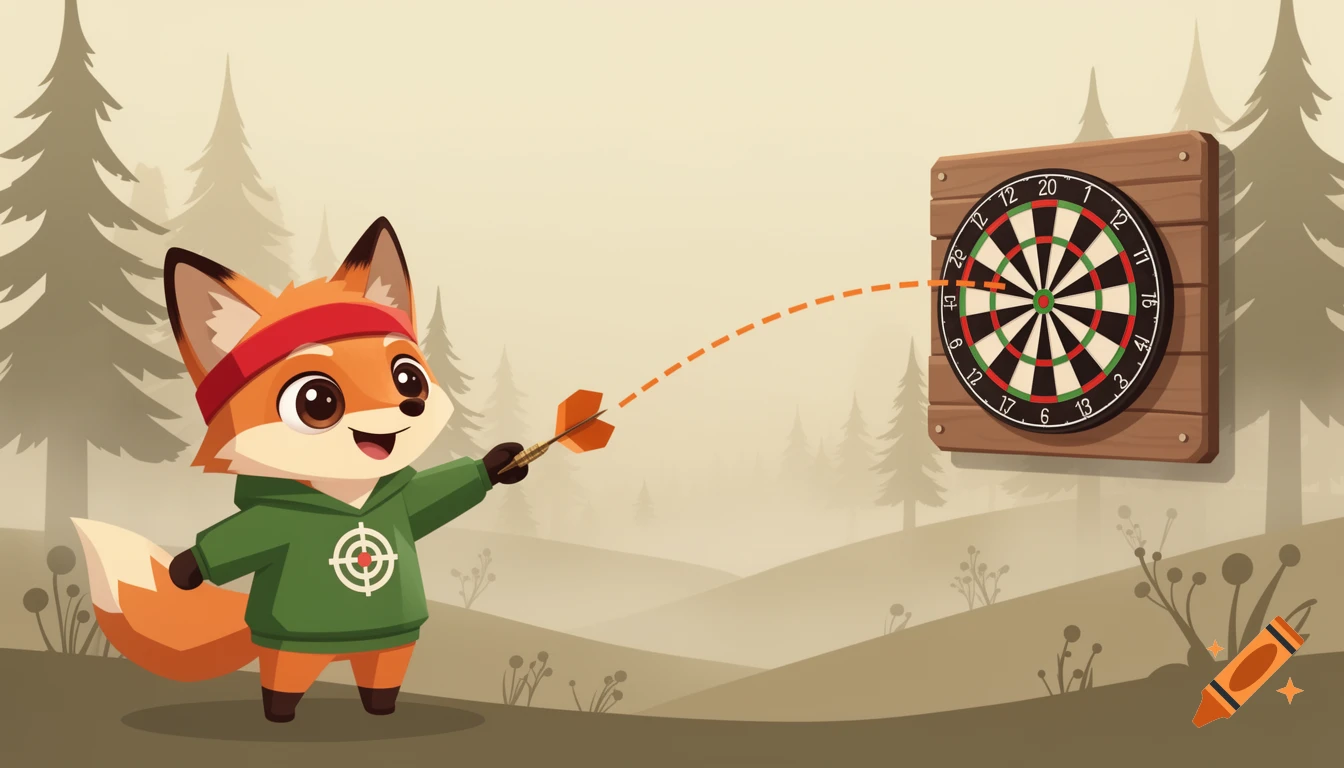 A cute anthropomorphic fox in a green hoodie and red headband throws a dart at a dartboard in a foggy forest, depicted in a flat vector style.