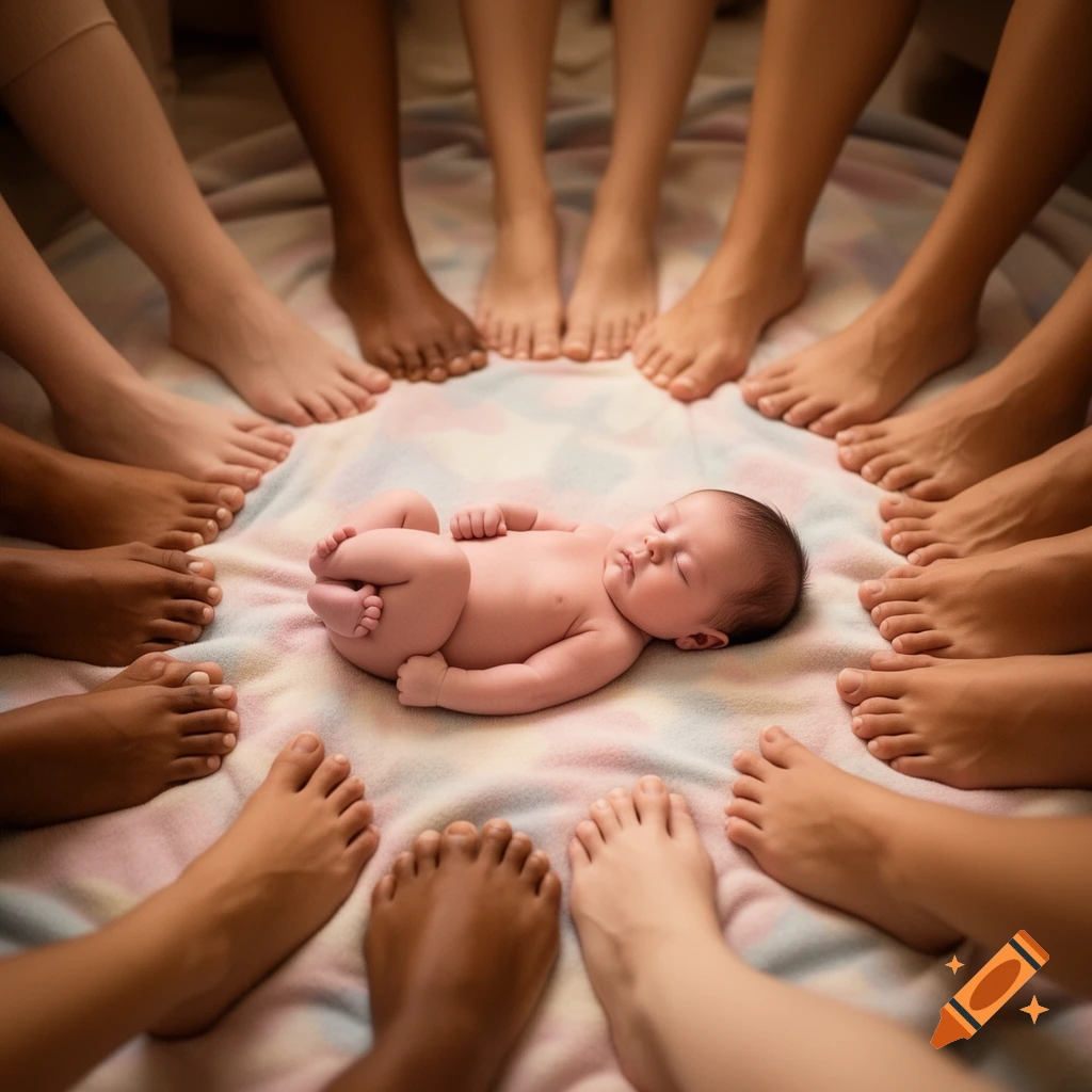A sleeping newborn baby lies on a patterned blanket, encircled by many adult feet with varying skin tones in a warm, intimate photograph.