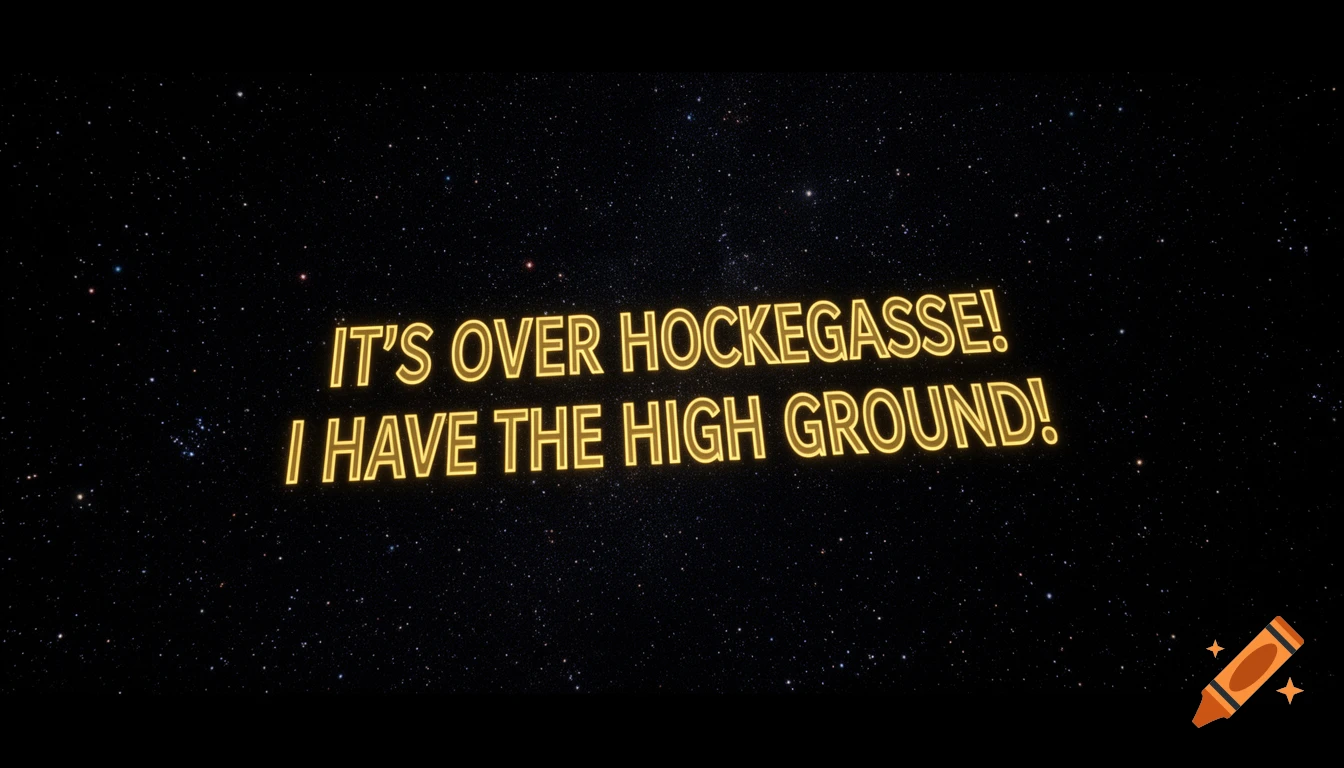 Golden yellow text 'IT'S OVER HOCKEGASSE! I HAVE THE HIGH GROUND!' on a starry black space background, in Star Wars crawl style.