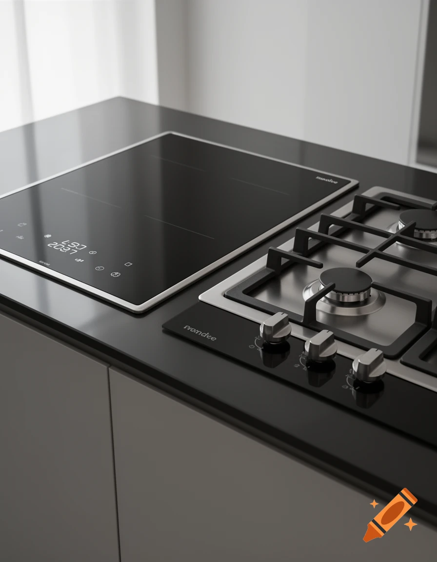Close-up of a modern black kitchen countertop featuring an induction cooktop and a gas hob side-by-side.