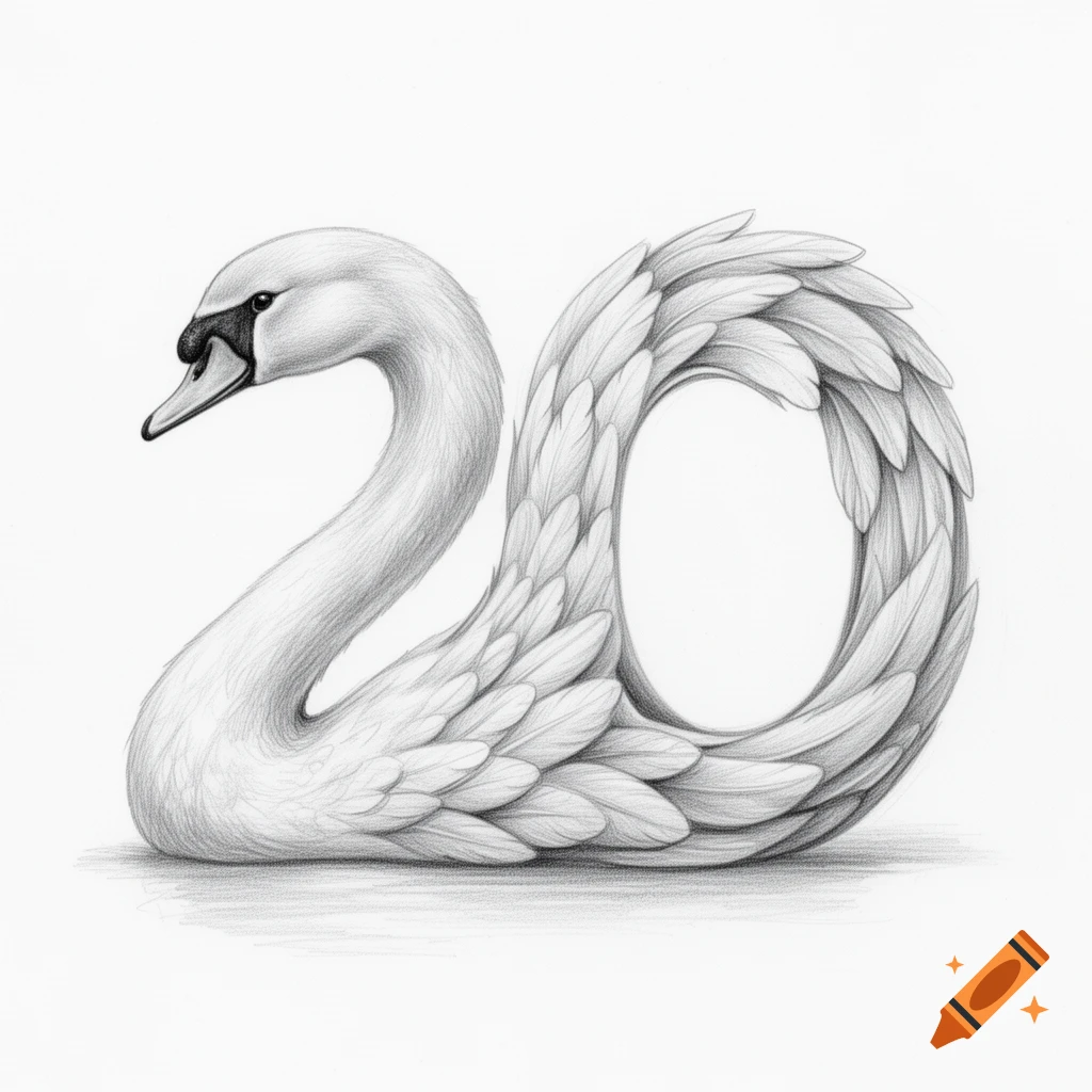 A realistic pencil drawing of a white swan forming the number 20 with its body and feathered wing.