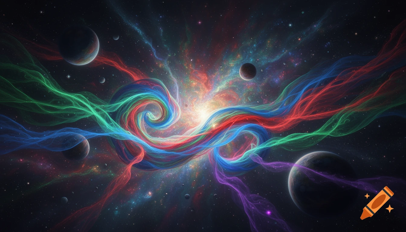 A vibrant cosmic scene featuring colorful flowing nebulae and multiple planets against a starry dark background.