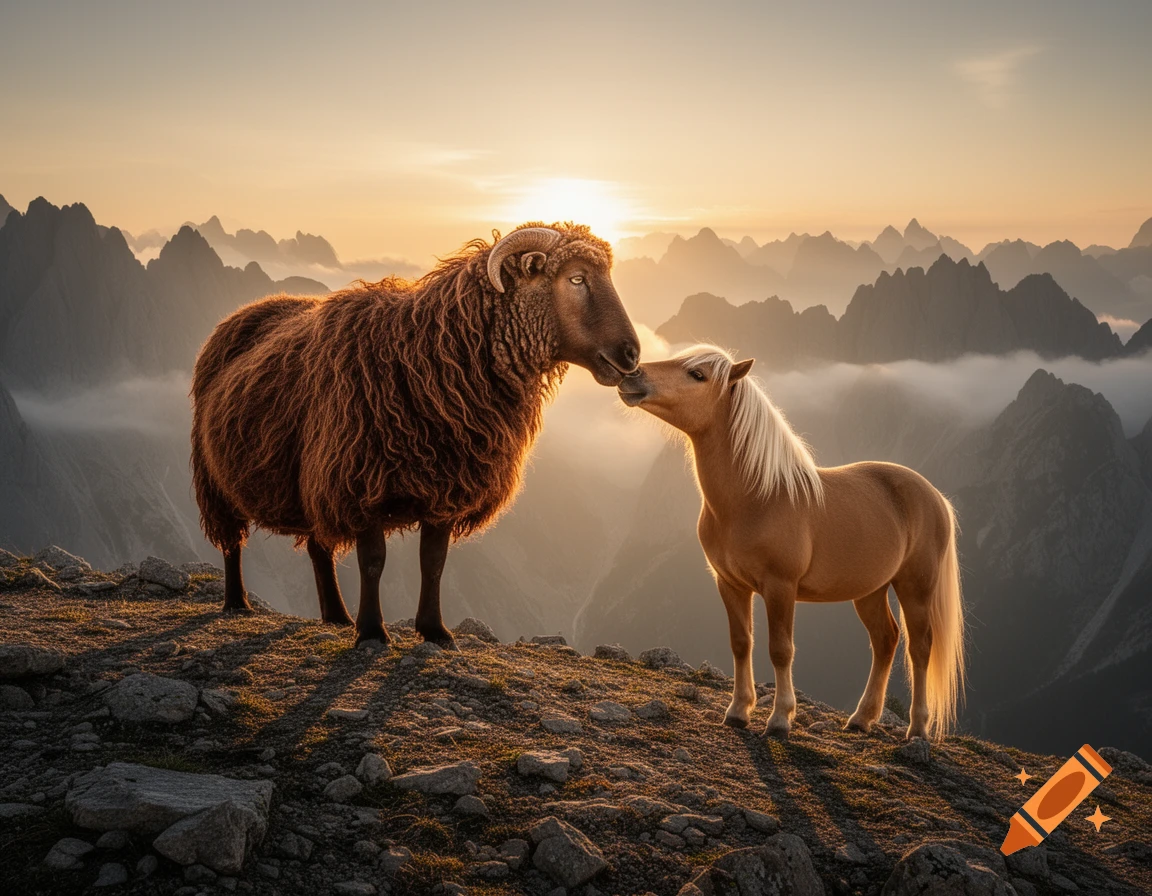 A large brown sheep and a small blonde horse nuzzle on a rocky mountain peak at sunset with misty mountains in the distance, photorealistic style.