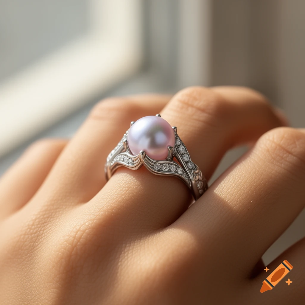Close-up of a hand wearing a mermaid-inspired silver engagement ring with a pink pearl and diamonds.