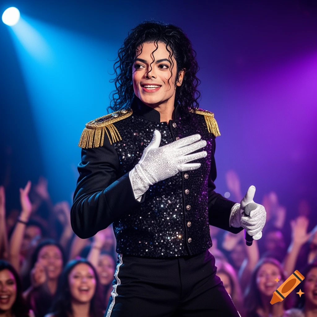 Michael Jackson performs on stage in a sequined jacket with gold tassels, holding a microphone. Blue and purple lights illuminate him and a cheering crowd.