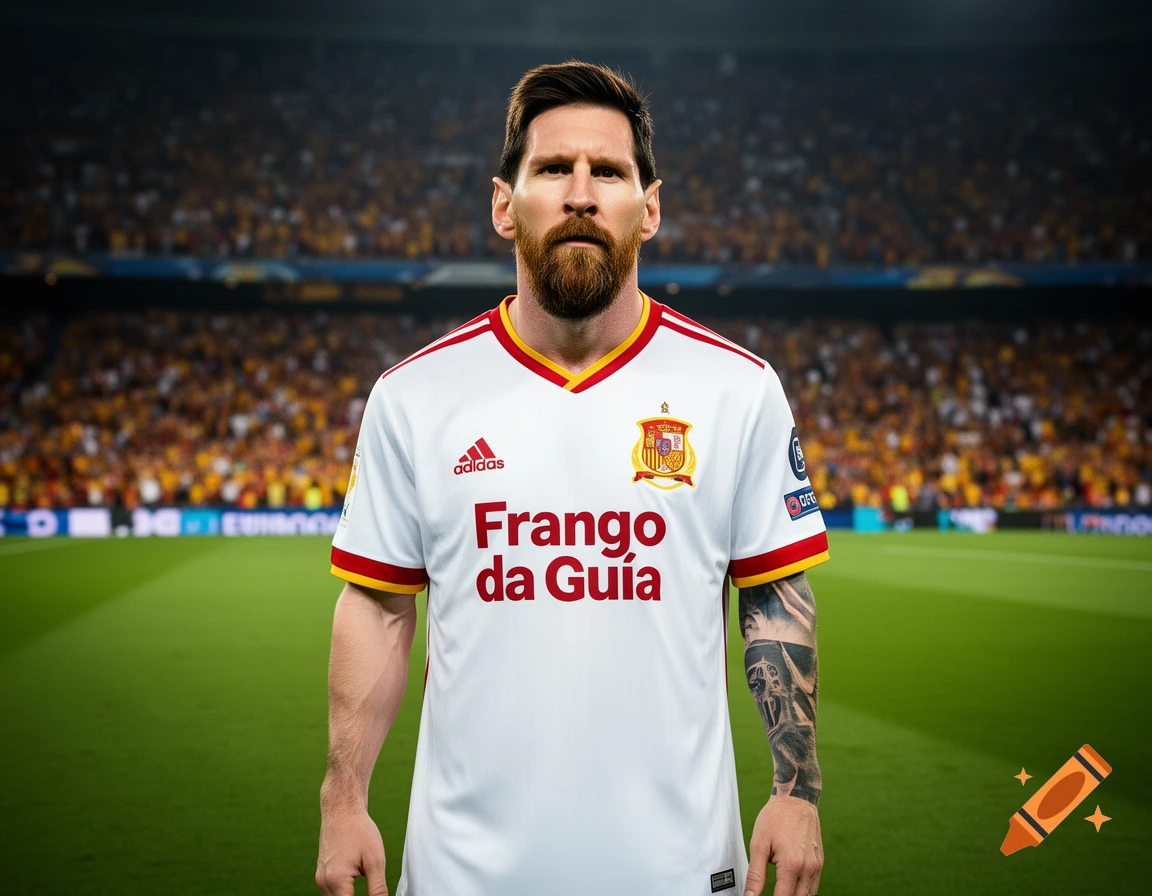 Photorealistic image of Lionel Messi standing on a soccer field in a stadium, wearing a white Spanish national team jersey with "Frango da Guia" text.