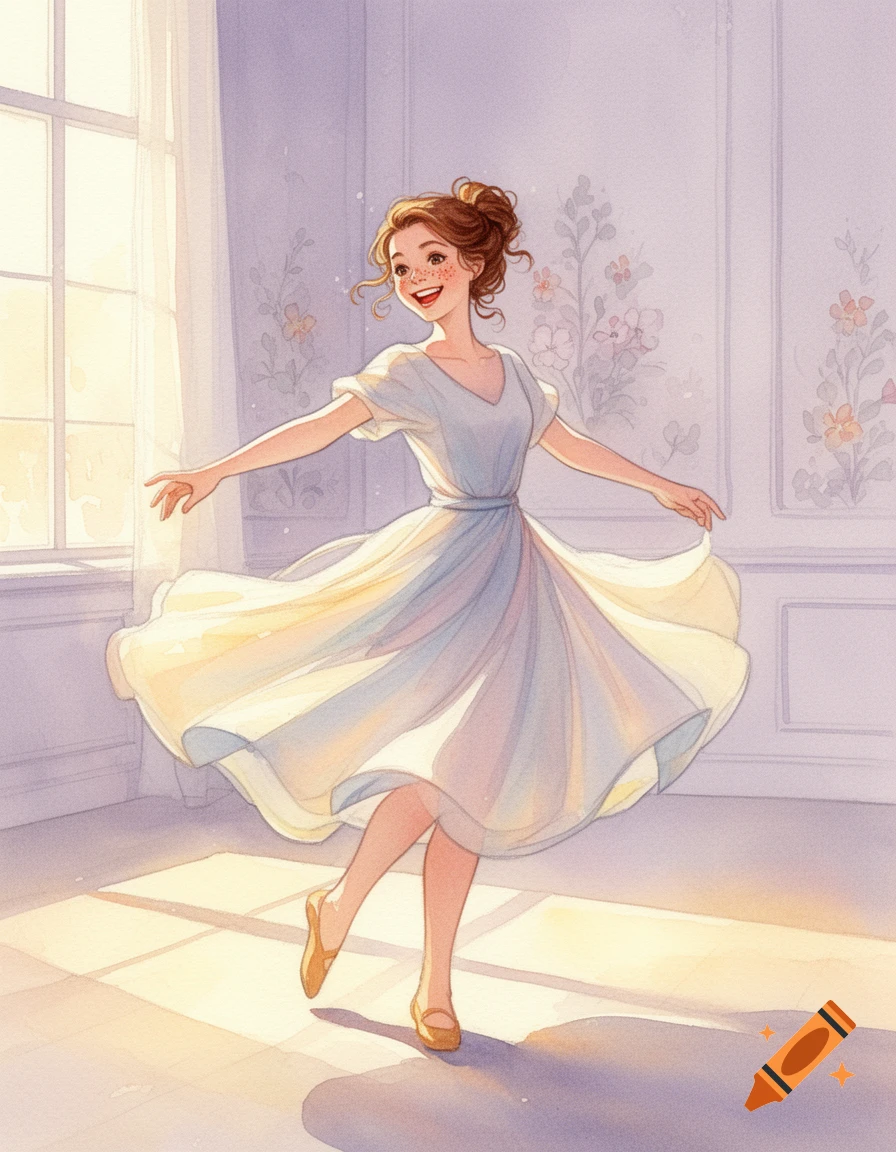 Happy young woman with freckles and brown hair in a bun dances joyfully in a light dress, illuminated by sunlight, in a soft watercolor style.
