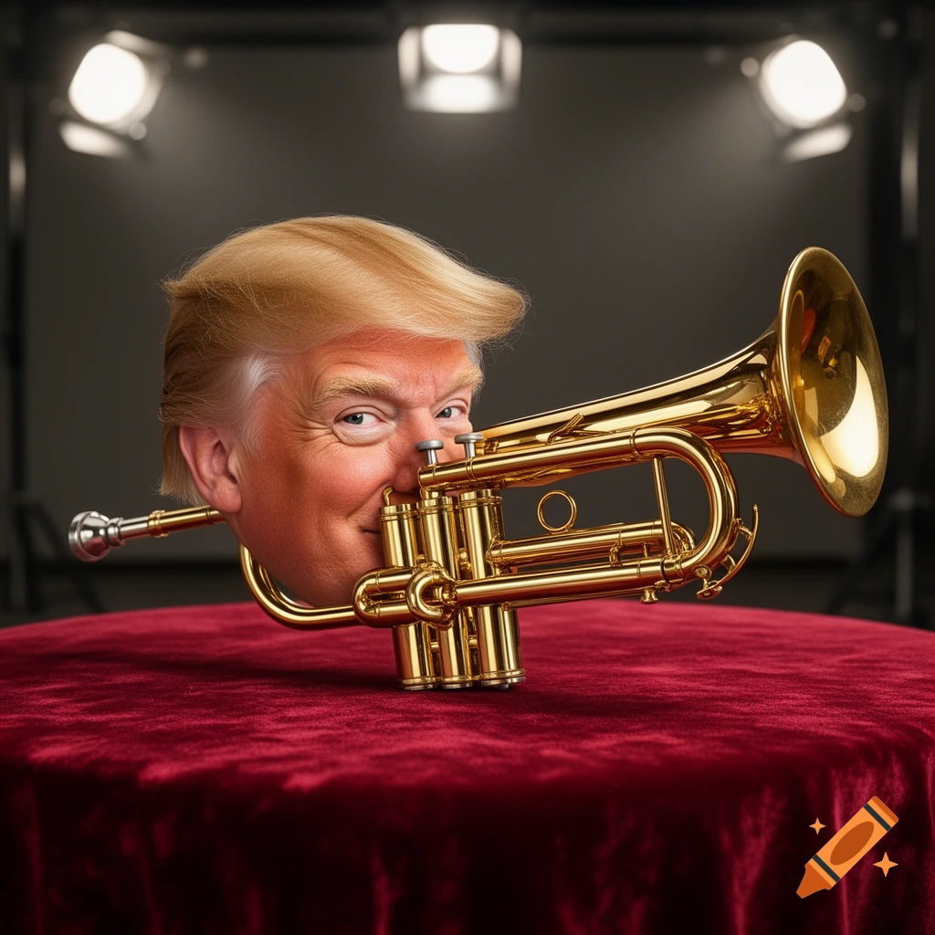 Donald Trump's head fused onto a golden trumpet, resting on a red velvet table under stage lights.