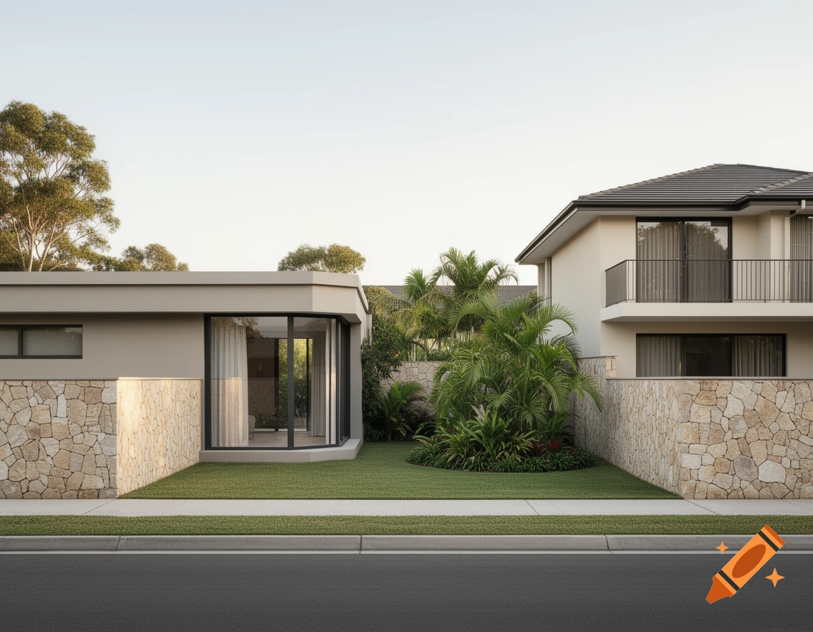 A photorealistic depiction of two modern houses with stone-clad walls, a green lawn, and tropical plants, viewed from the street.