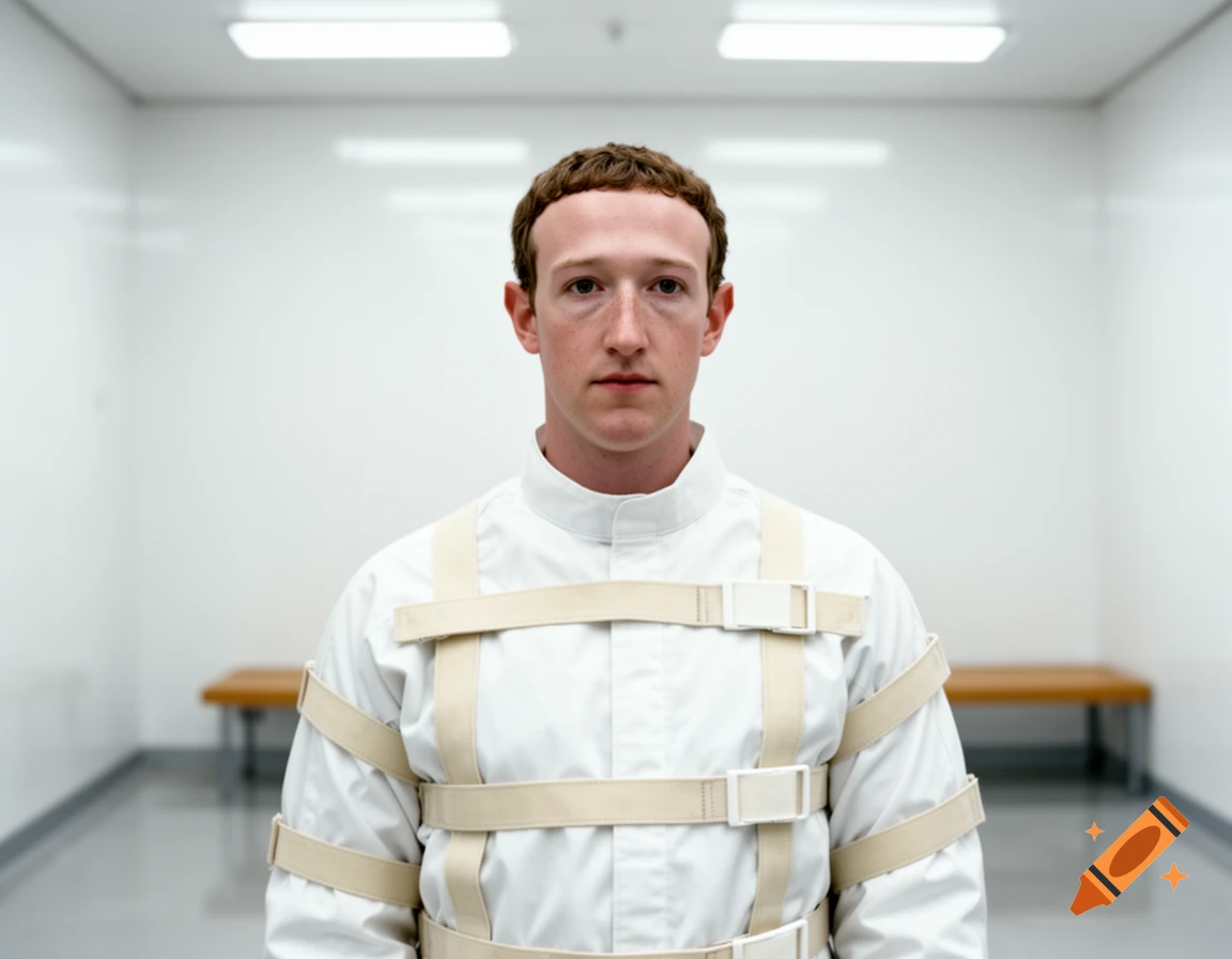 Photorealistic portrait of Mark Zuckerberg in a white straight jacket standing in a minimalist white room with benches.