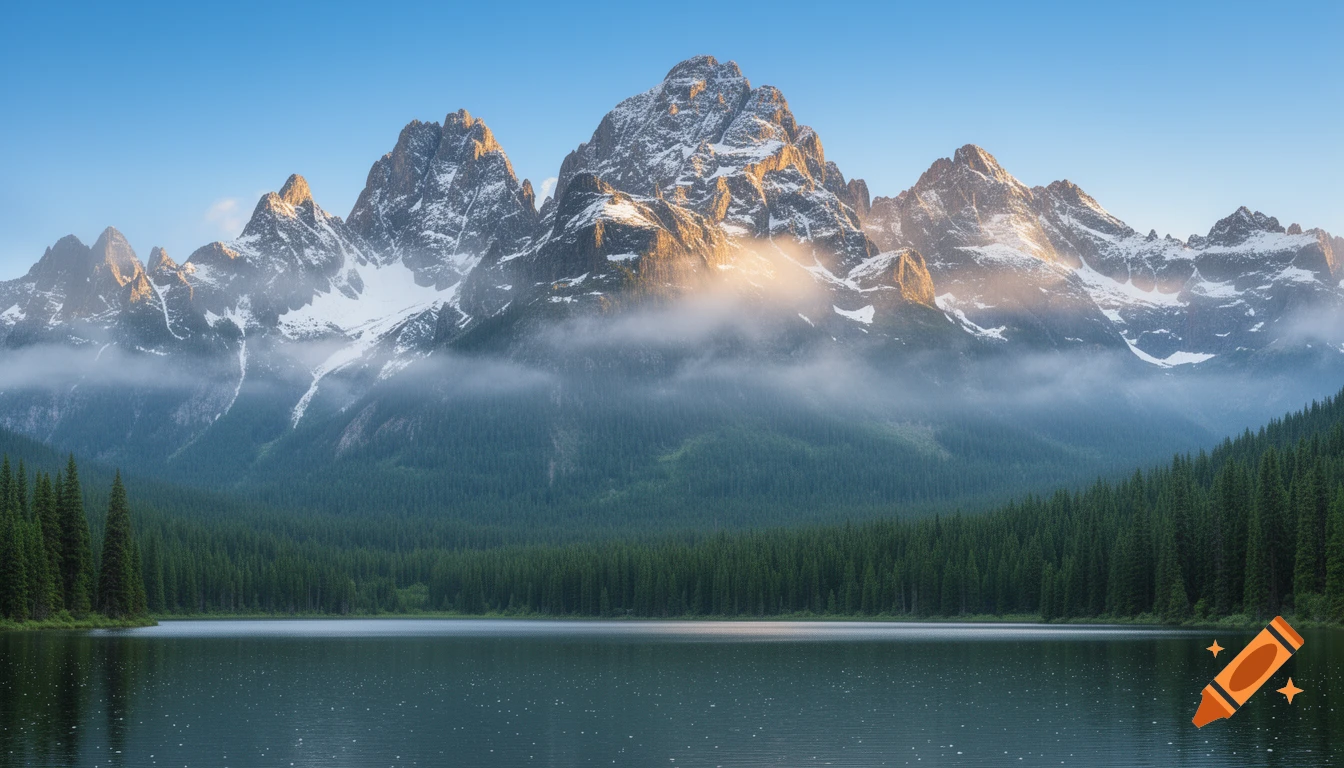 A serene lake reflects majestic snow-capped mountains bathed in sunlight, surrounded by dense evergreen forests under a clear sky.