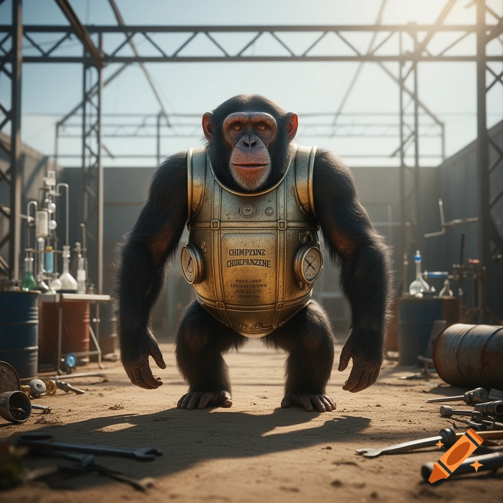 Photorealistic chimpanzee in a gold steampunk vest stands in an outdoor industrial setting with tools and laboratory equipment.