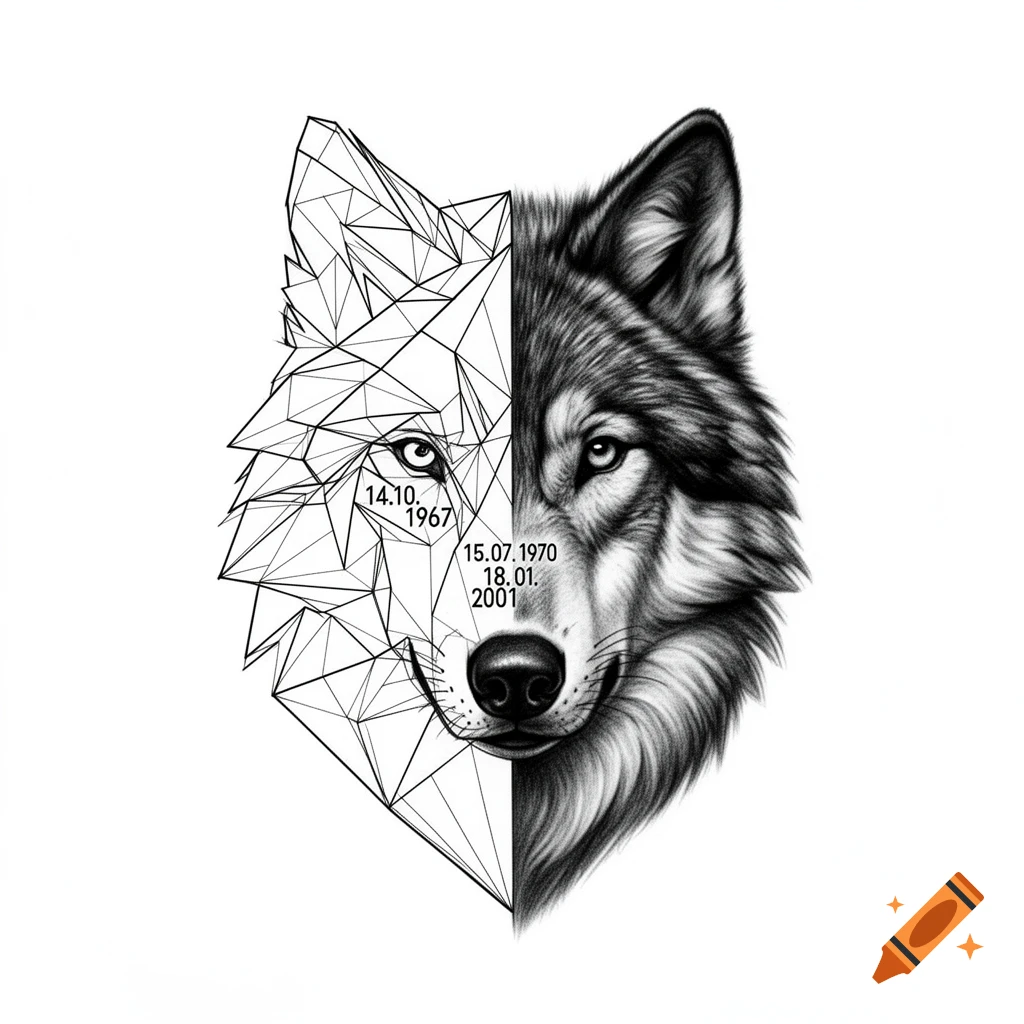 A wolf head split vertically: left geometric line art with dates, right realistic black and grey with dates.