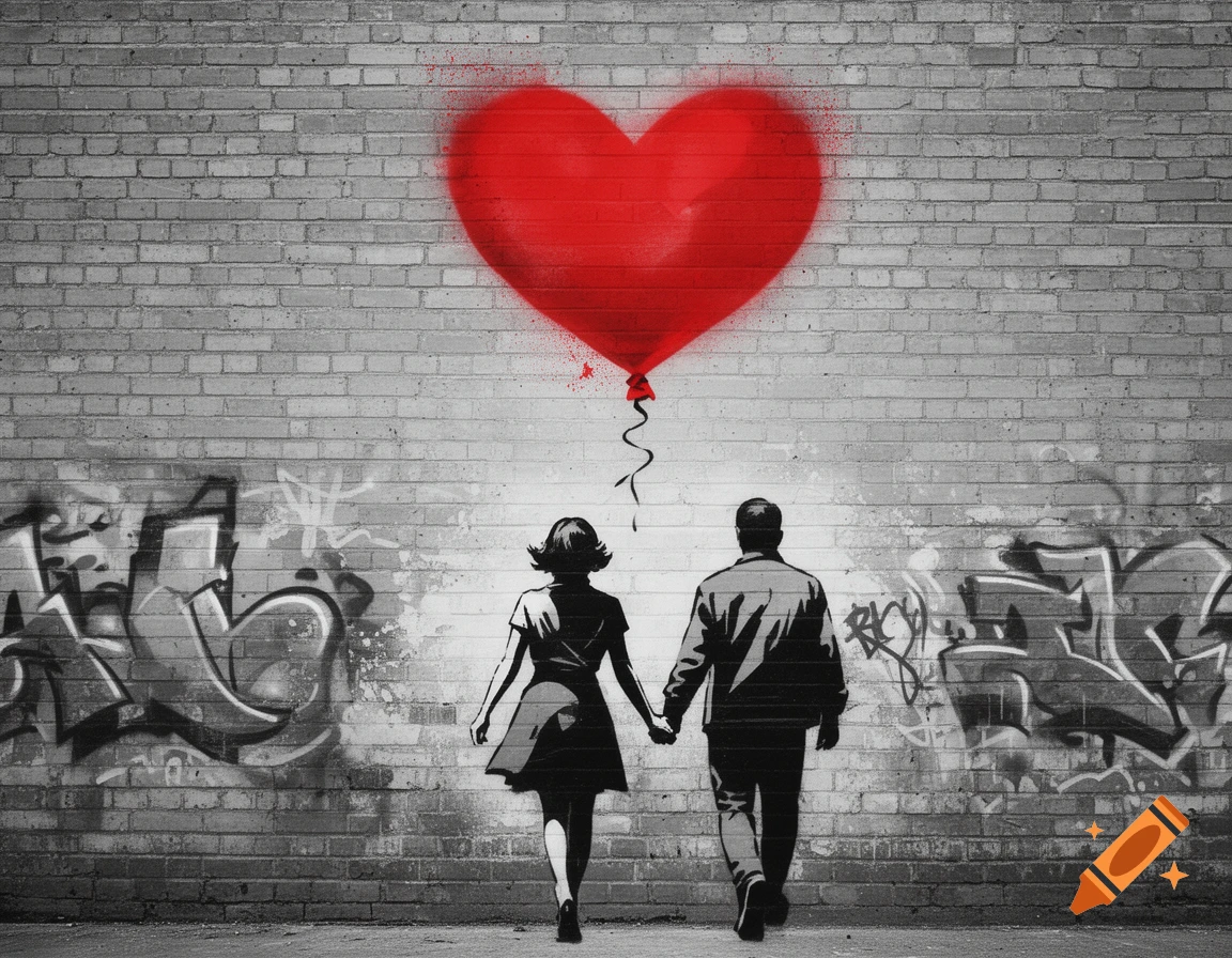 Black and white image of a couple holding hands, walking away from the viewer on a street with a brick wall. A large red spray-painted heart balloon floats above them. Stylized graffiti covers the wall.