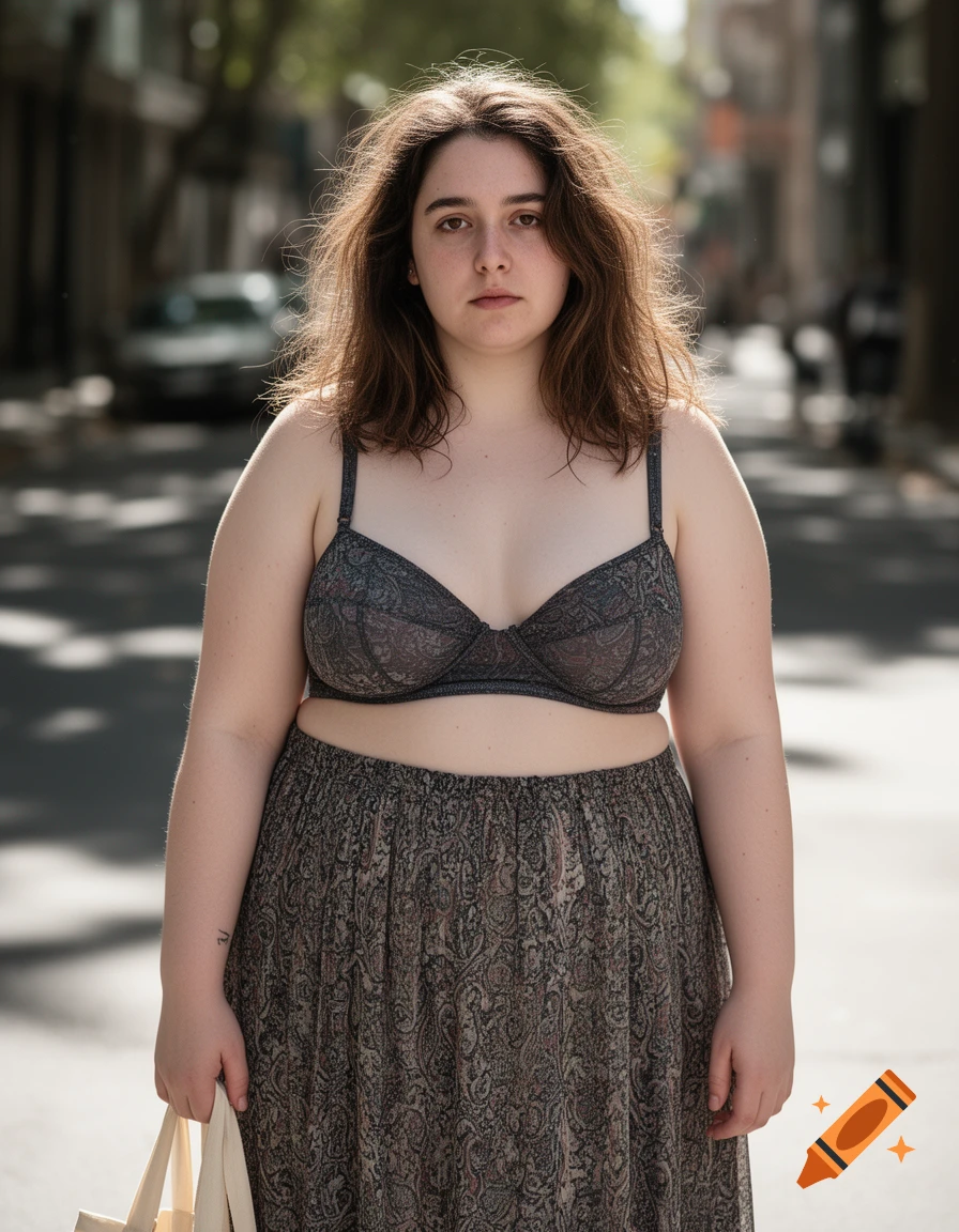 A non-binary person stands on a city street, wearing a bra and a patterned skirt, holding a bag.