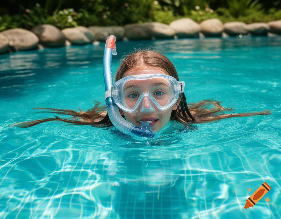 A young girl with a snorkel mask and tube peeks out of a vibrant blue swimming pool.