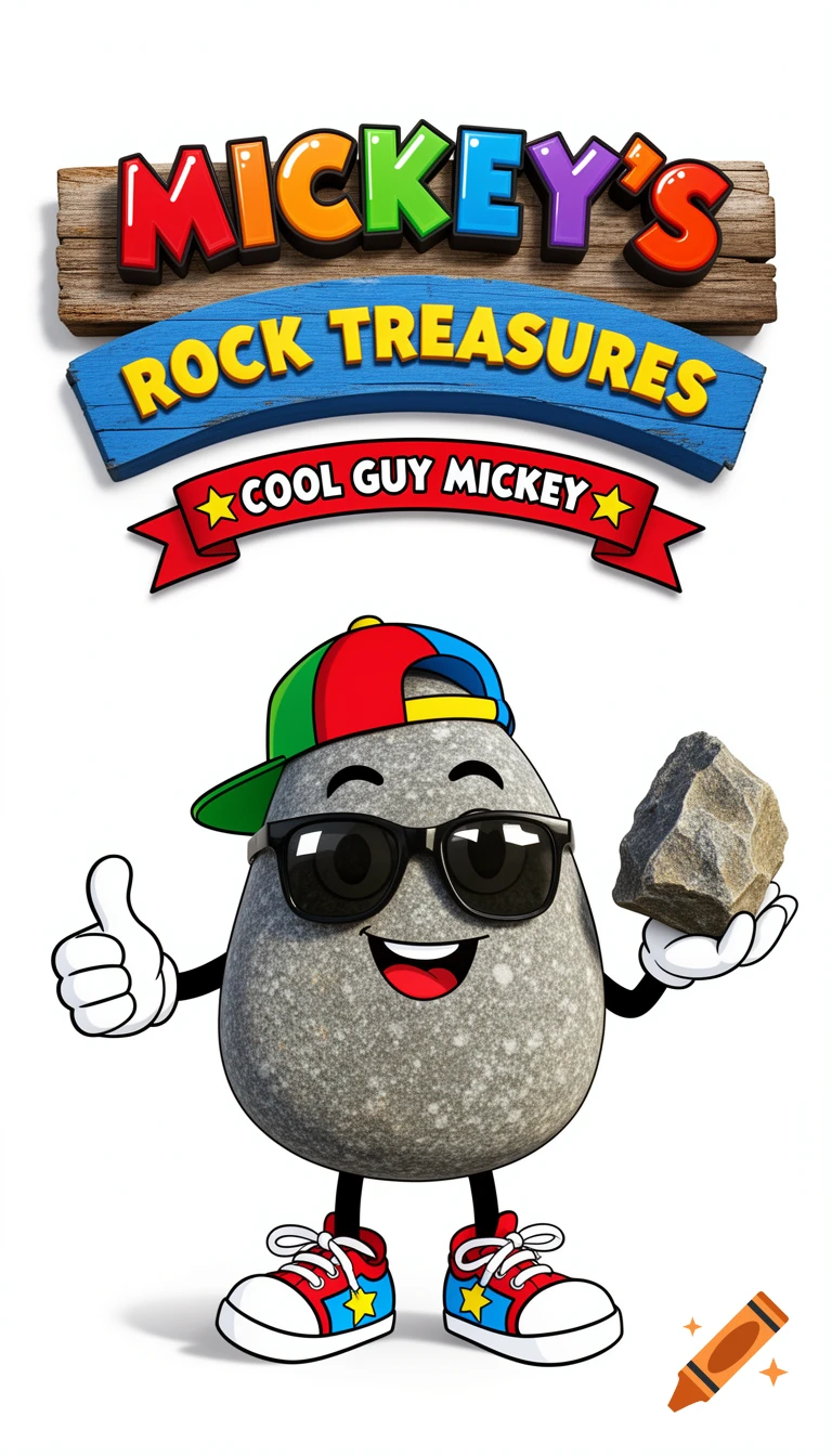 Cartoon rock mascot in sunglasses and cap, holding a rock and giving thumbs up, with "MICKEY'S ROCK TREASURES" text.