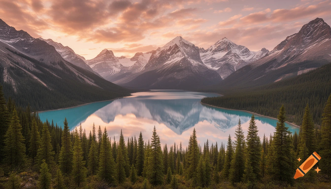 Photorealistic mountain landscape at golden hour with an alpine lake reflecting snow-capped peaks under dramatic clouds, bordered by pine forests.