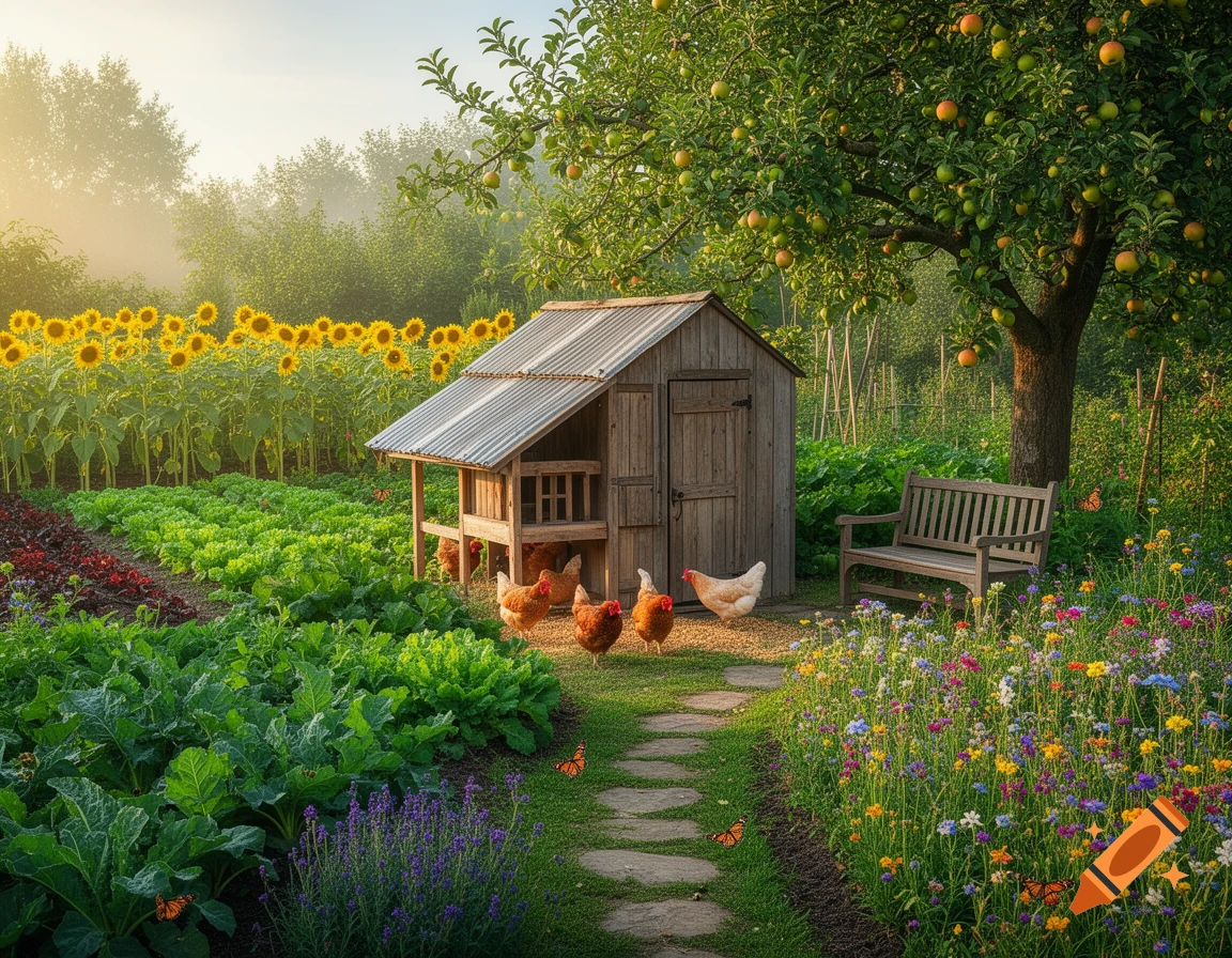 A vibrant photorealistic garden with a wooden chicken coop, chickens, a sunflower field, an apple tree, and a stone path leading past wildflowers.