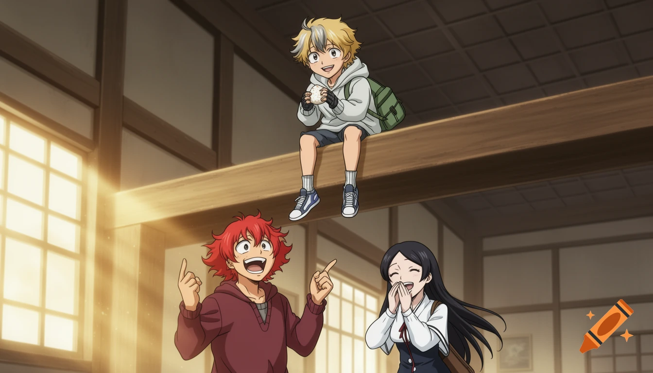 Three anime characters in a sunlit traditional building. One sits on a high beam eating a rice ball, while two below react with exasperation and suppressed laughter.