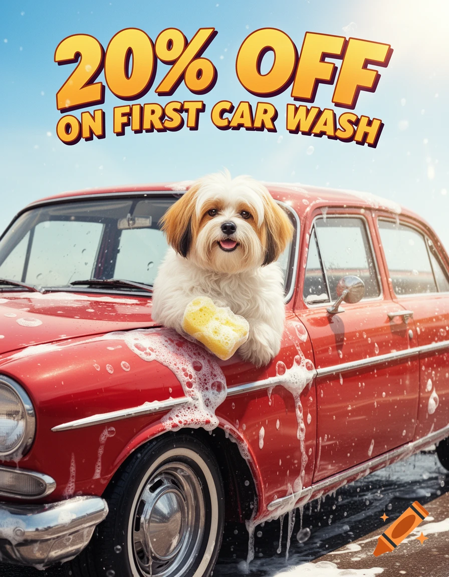 A fluffy white and brown dog with a yellow sponge washes a red vintage car, surrounded by suds. Text reads "20% OFF ON FIRST CAR WASH".