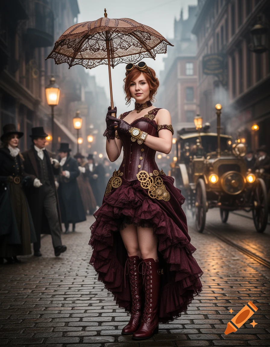A photorealistic steampunk woman in a burgundy ruffled dress and boots holds a lace umbrella on a cobblestone street.