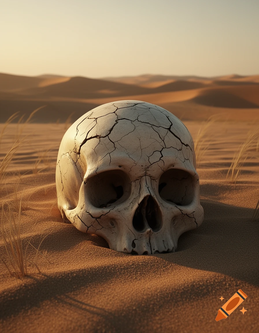 A cracked human skull lies partially buried in the sand dunes of a vast desert at sunset, with sparse dry grass around it.