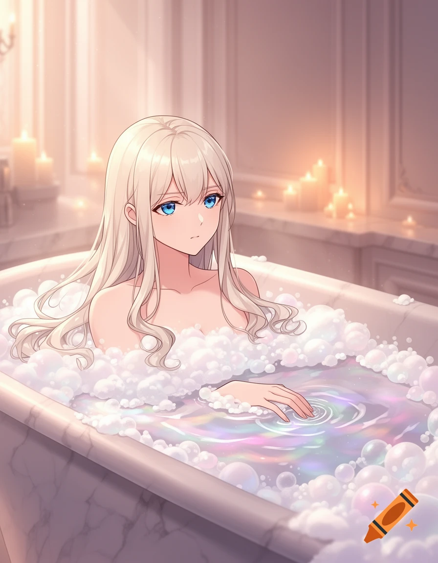An anime girl with long blonde hair and blue eyes relaxes in a bubble bath, surrounded by flickering candles.