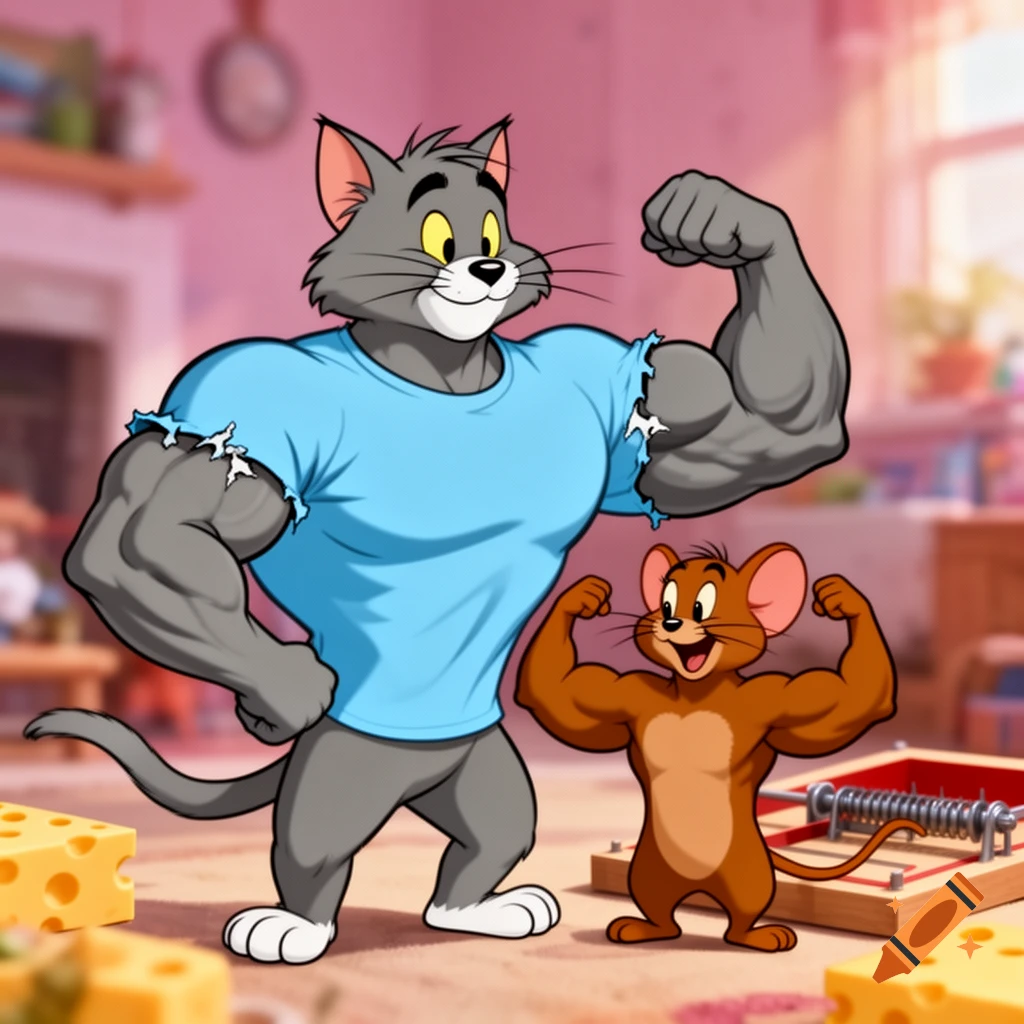 Muscular Tom in a torn blue shirt flexes next to a smaller, muscular Jerry flexing, with cheese and a mousetrap nearby, in a cartoon style.