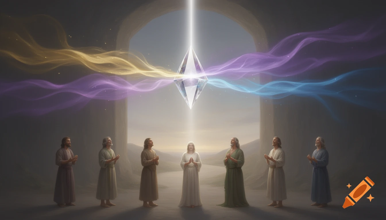 Seven robed figures stand in a sacred space, looking up at a luminous crystal emitting a white light beam and flowing gold, violet, and blue energy streams.