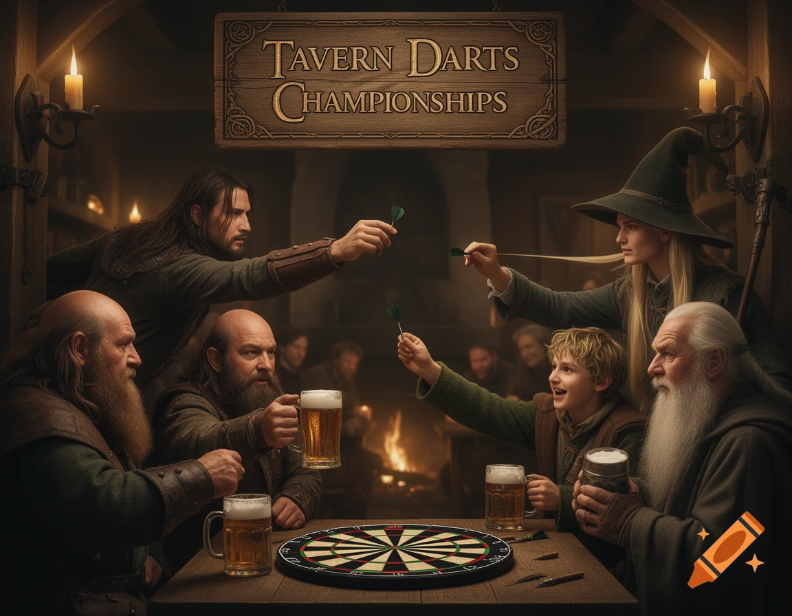 Fantasy characters resembling the Fellowship play darts in a dimly lit tavern, holding beer mugs. A sign above reads "TAVERN DARTS CHAMPIONSHIPS".