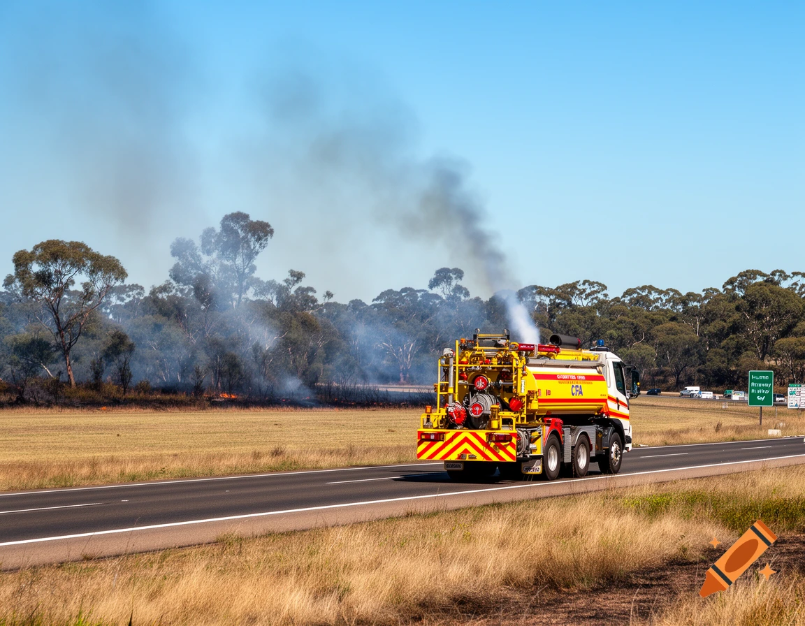 A yellow and white CFA fire tanker drives on a highway next to a field with smoke rising from a bushfire in the background under a blue sky.