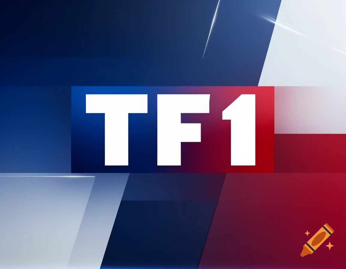 TF1 television channel logo on a dynamic blue and red abstract news background.